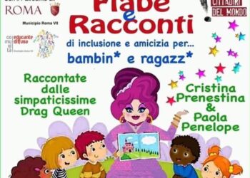 Locandina di evento con Drag Queen rivolta ai bambini delle scuole del Municipio VII, Roma