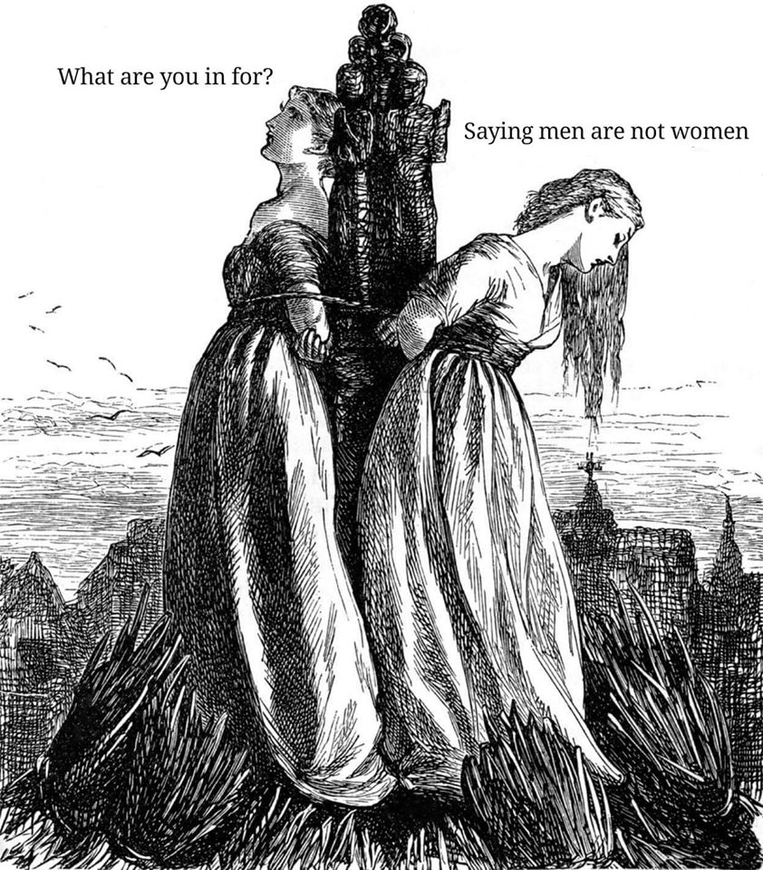 Immagine di "streghe" al rogo per aver affermato che gli uomini non sono donne
