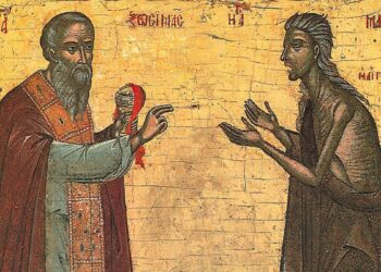 Свети Зосима причешћује Свети Марију Египћанку у пустињи. Светогорска икона из XVI века