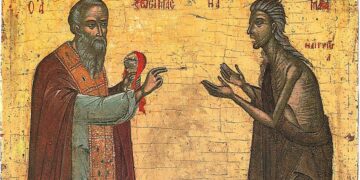 Свети Зосима причешћује Свети Марију Египћанку у пустињи. Светогорска икона из XVI века