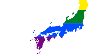 Cartina del Giappone colorata con la bandiera arcobaleno LGBT