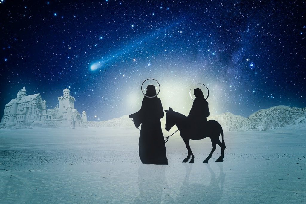 Silhouette di Giuseppe, Maria sull'asinello con stella cometa
