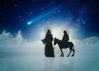 Silhouette di Giuseppe, Maria sull'asinello con stella cometa