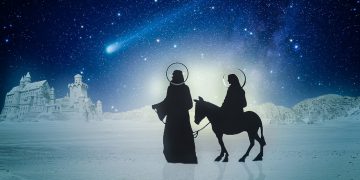 Silhouette di Giuseppe, Maria sull'asinello con stella cometa