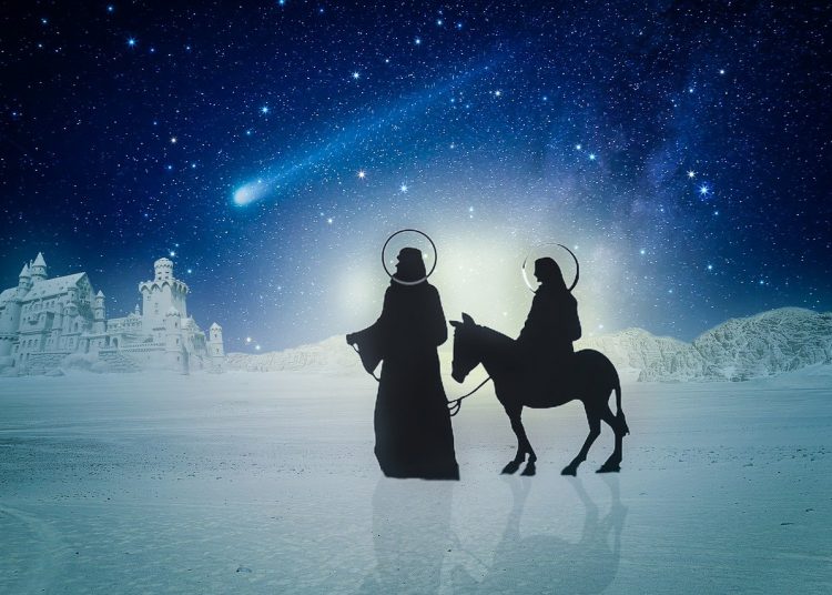 Silhouette di Giuseppe, Maria sull'asinello con stella cometa