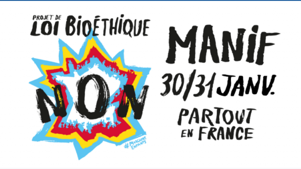 Locandina della manifestazione contro la nuova legge bioetica in Francia il 30 e 31 gennaio 2021