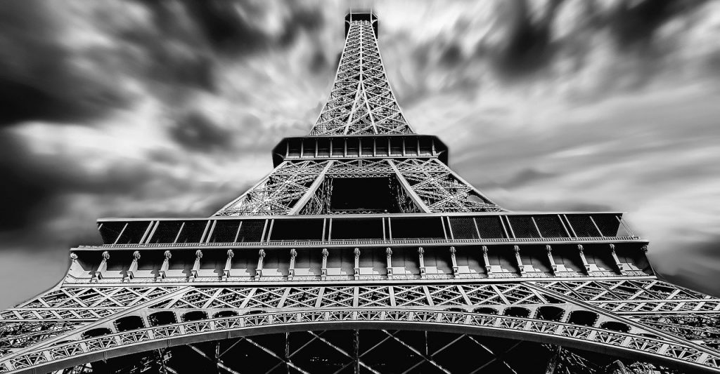 The Eiffel Tower, in black and white, seen from below