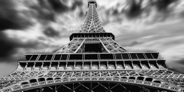 The Eiffel Tower, in black and white, seen from below