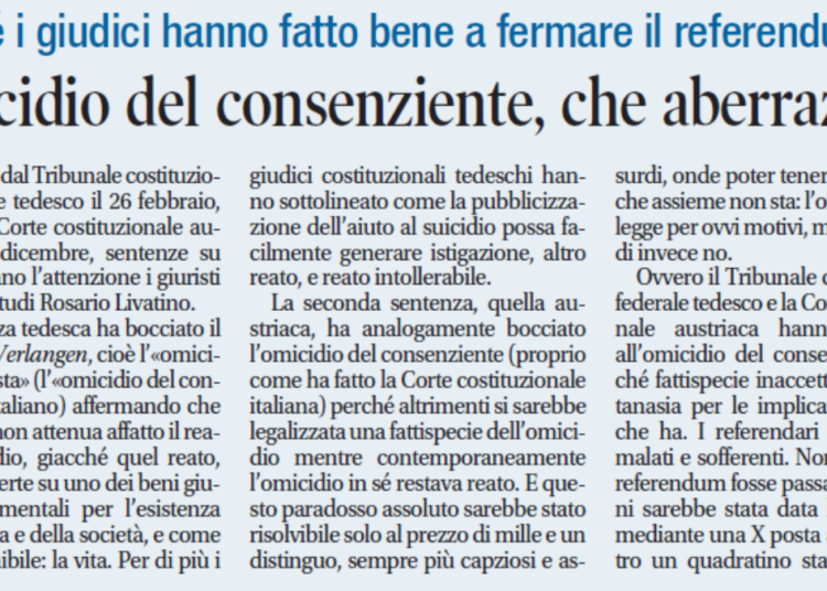 Omicidio del consenziente - Marco Respinti su "Libero"