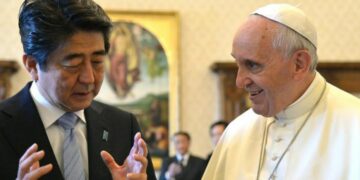 Abe Shinzo and Pope Francis on June 6, 2014