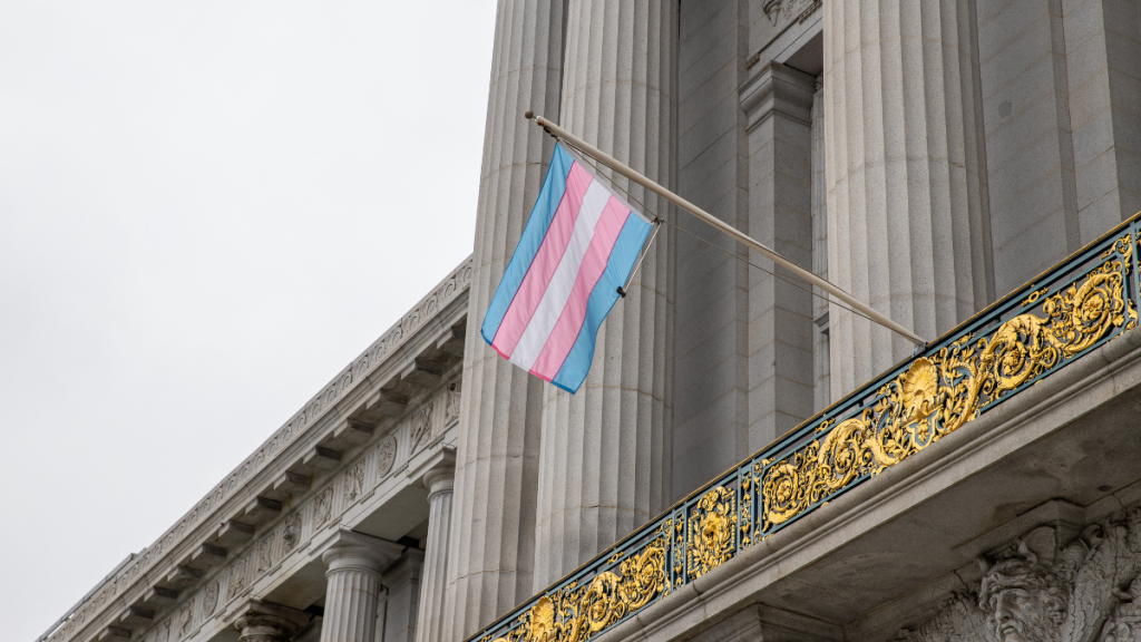 "Trans Pride Flag at SF City Hall 20230802-5461" by Pax Ahimsa Gethen is licensed under CC BY-SA 4.0.