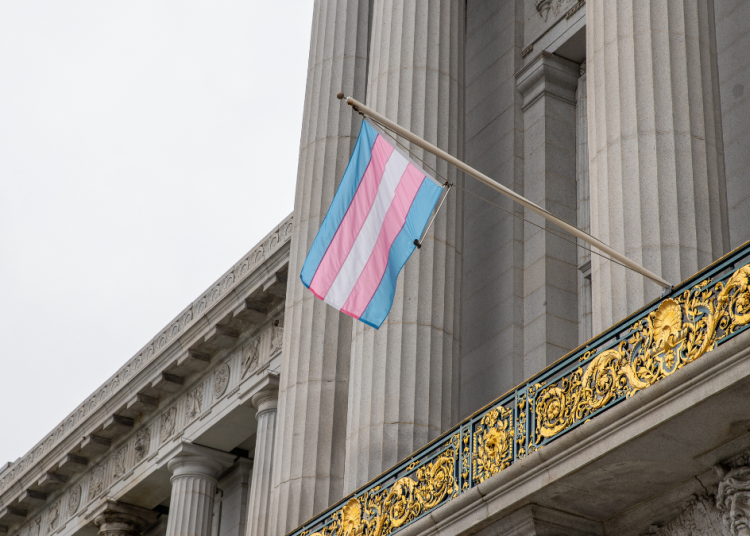 "Trans Pride Flag at SF City Hall 20230802-5461" by Pax Ahimsa Gethen is licensed under CC BY-SA 4.0.